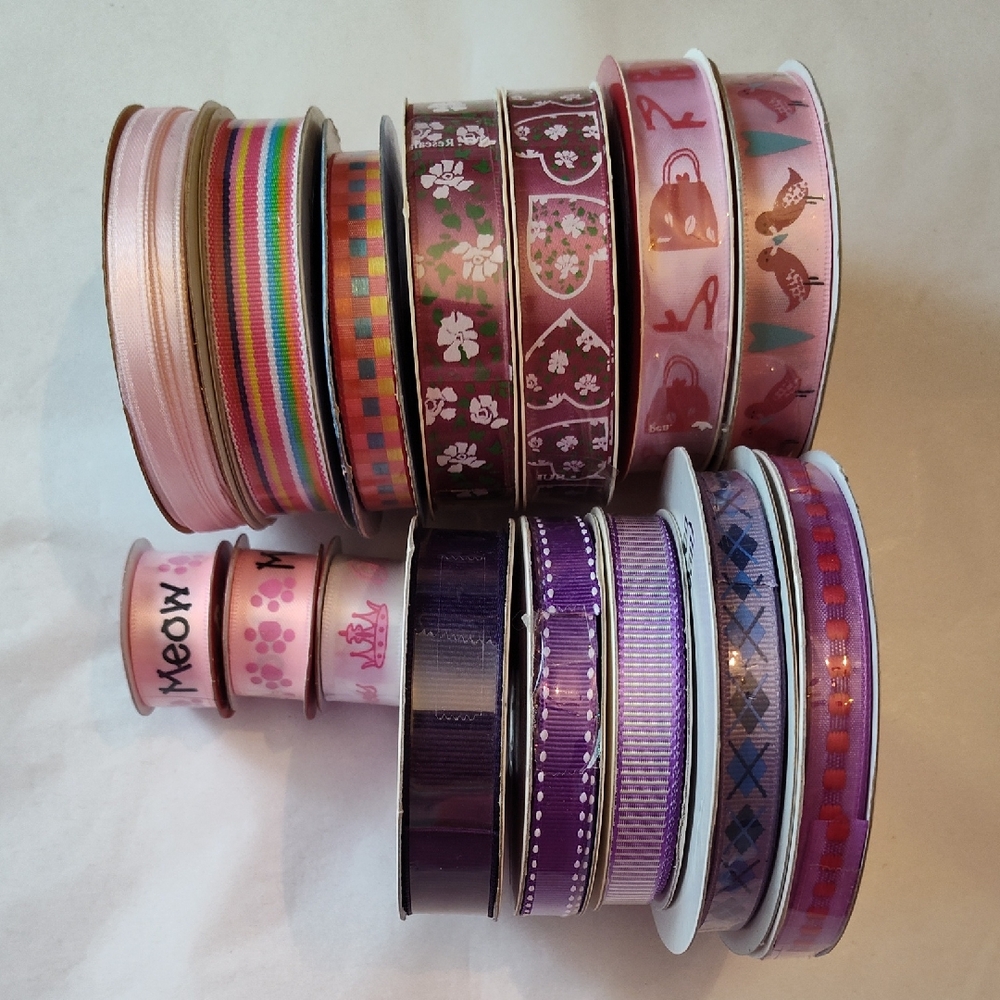NWT 15 Spools Pink Purple Ribbon Grosgrain Printed Woven Stitched Craft Supplies